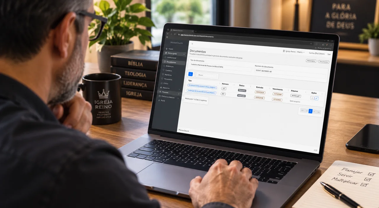 Liderança utilizando um notebook para organizar atividades, em cena ilustrativa.